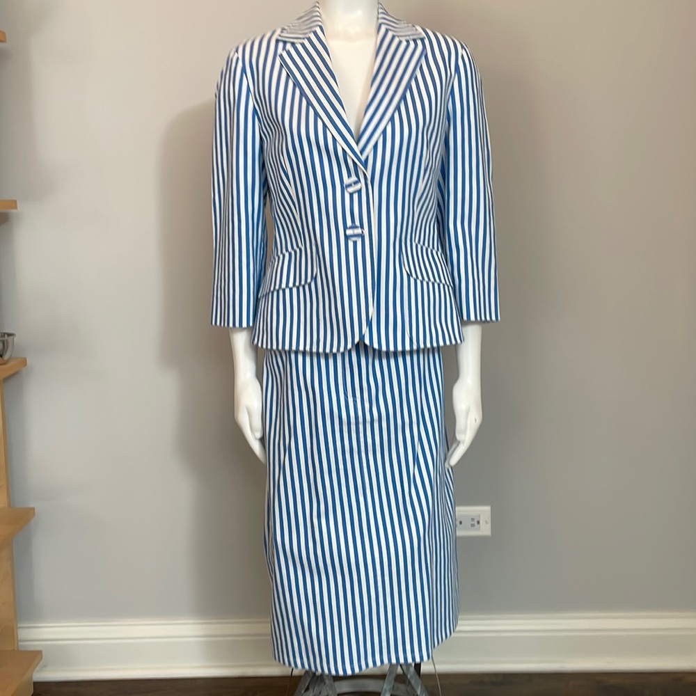 Burberry Blue and White Striped Suit Jacket and Skirt